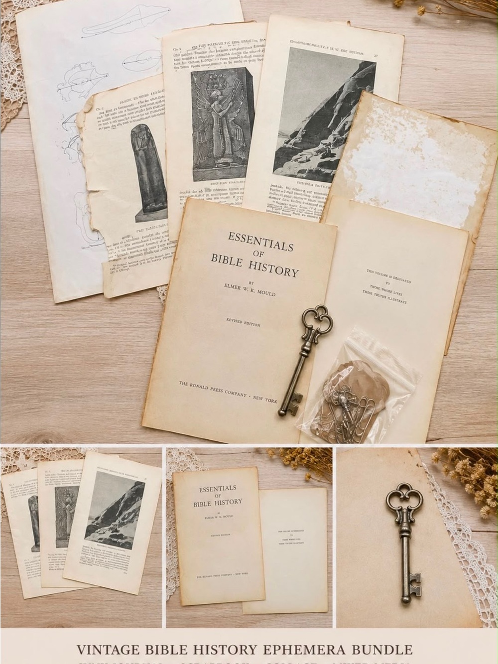 Vintage Bible History Ephemera Bundle with Antique Brass Key